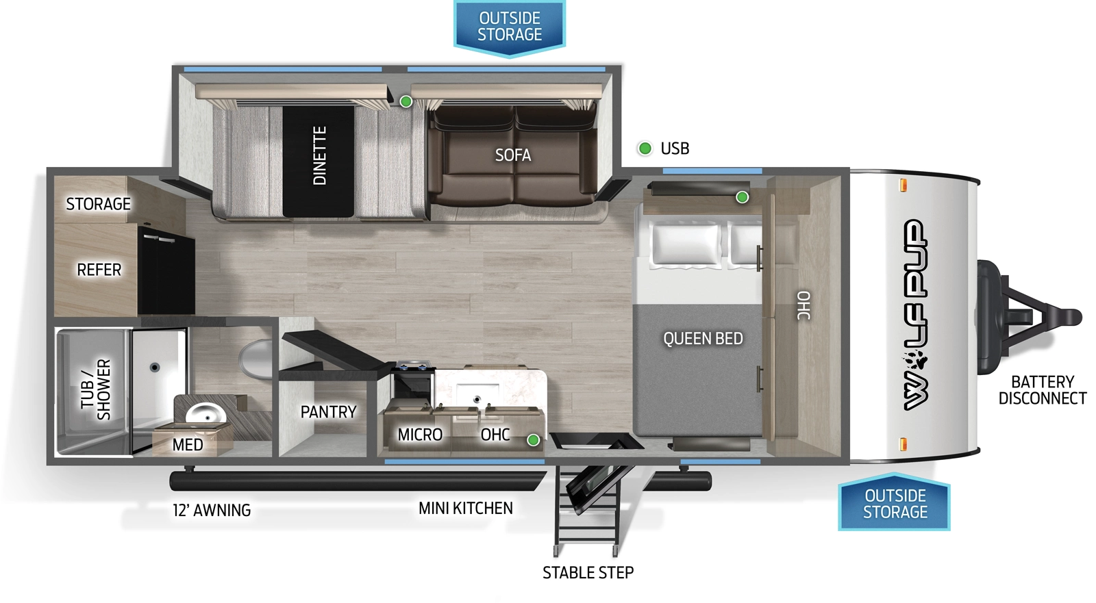 The Wolf Pup 18PB floorplan has one entry and one slide out. Exterior features include: metal exterior, 12' awning and outside kitchen. Interiors features include: front bedroom.